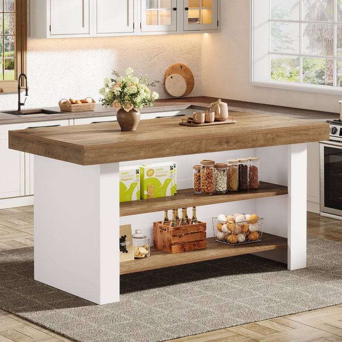 55″ Kitchen Island with 2 Tier Storage,Farmhouse Center Island Table for Kitchen