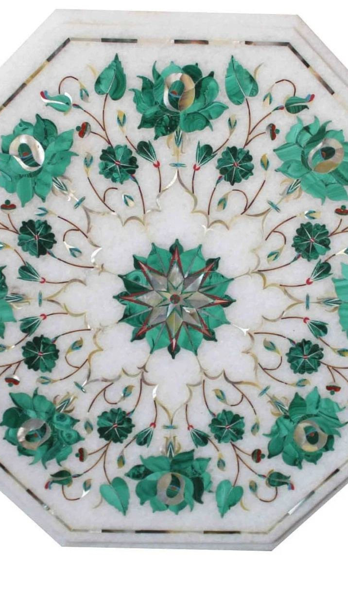 12″ Marble Table top Semi Precious Stones floral malachite inlay home decorative