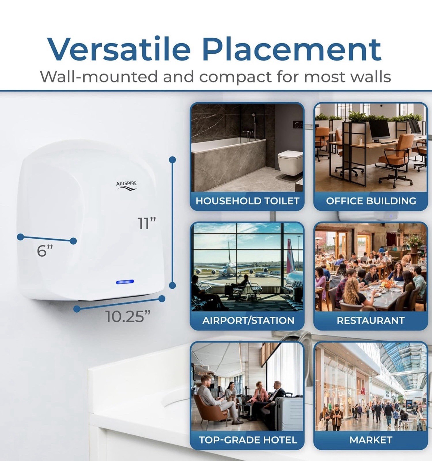 Airspire®️ Summer Breeze Automatic Electric Warm Air Hand Dryer ~ HEPA ~ 1100W