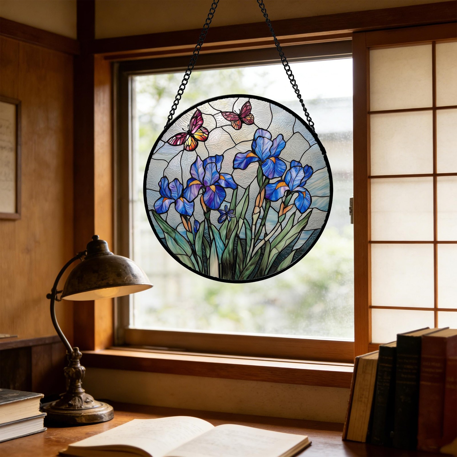 Blue Iris Butterfly Stained Glass Suncatcher Panel, 9.8 in Decorative Art