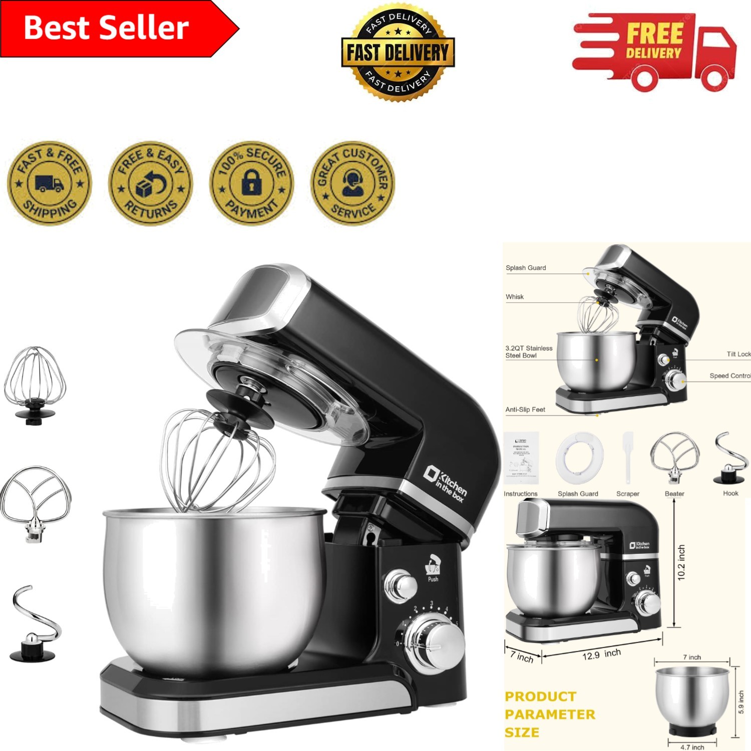 3.2Qt Black Stand Mixer with 6 Speeds & Easy Clean Dishwasher Safe Parts