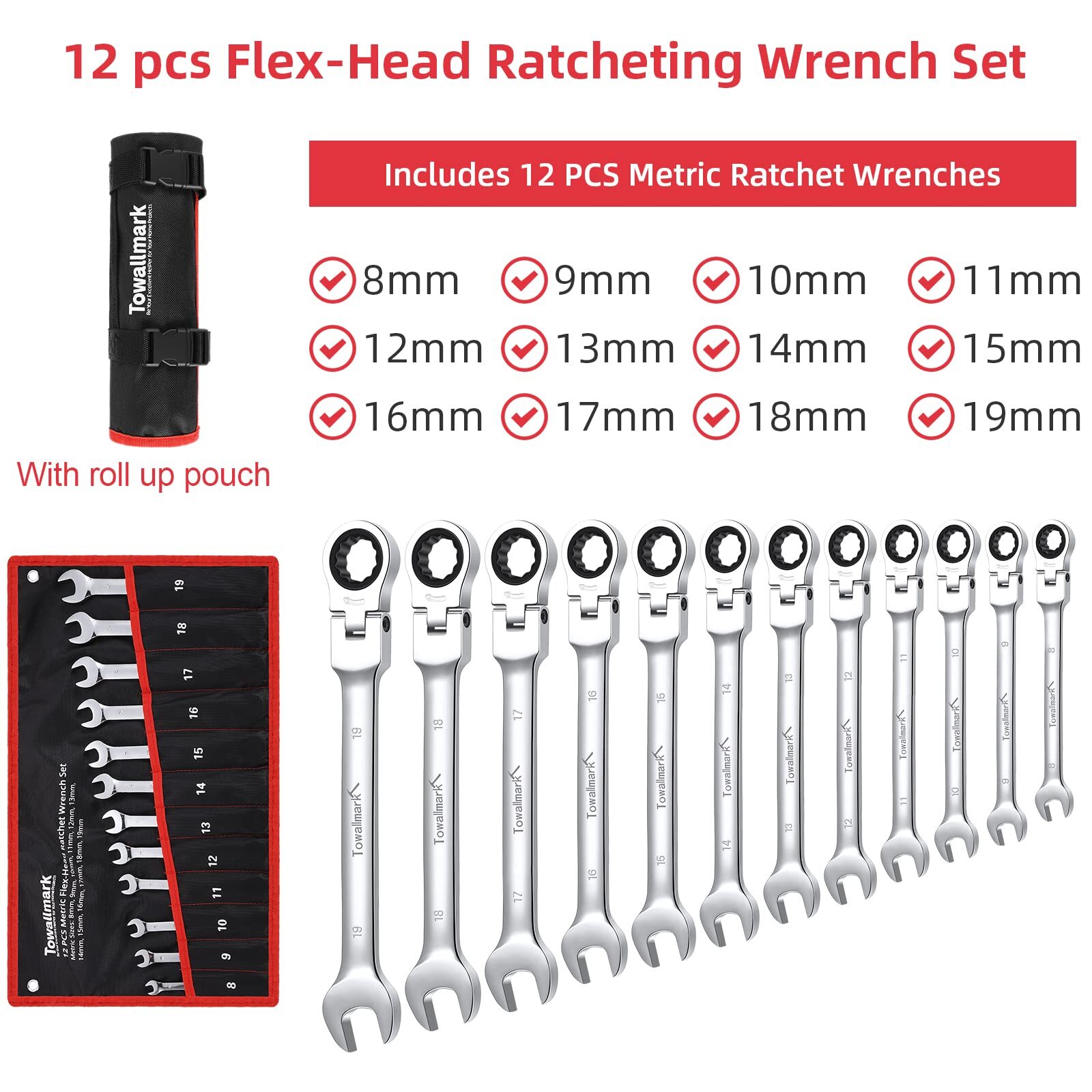 Heavy-Duty Metric Flex-Head Ratcheting Wrench Set 12PCS Combination Spanner Kit