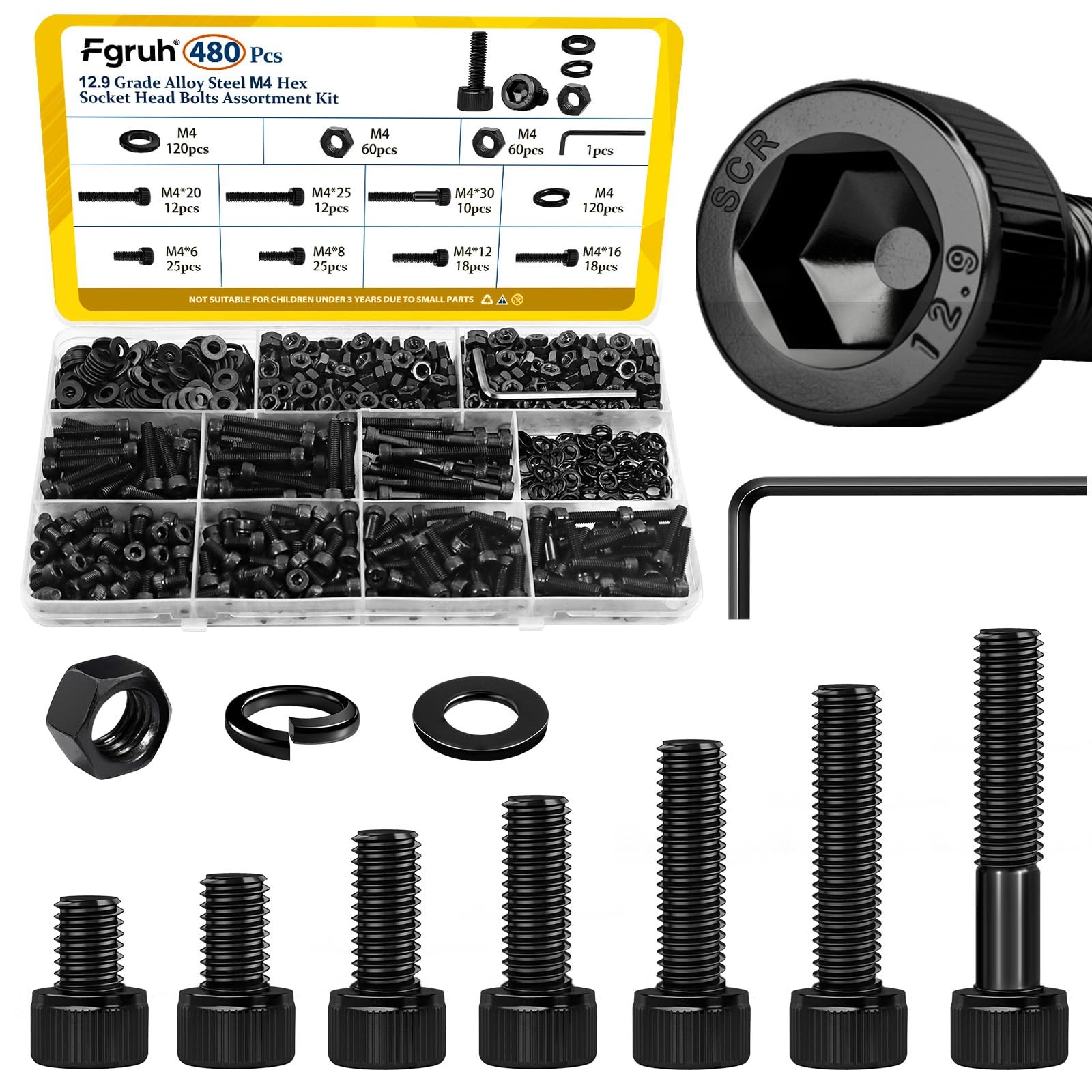 Fgruh 480PCS M4 Screws Assortment Kit, M4x6/8/12/16/20/30 mm 480pcs, Black