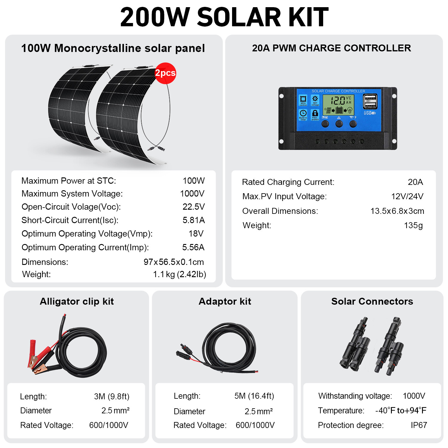 DOKIO 200W 18V Flexible Solar Panel Kit for 12V Battery Charging Boat Off Grid