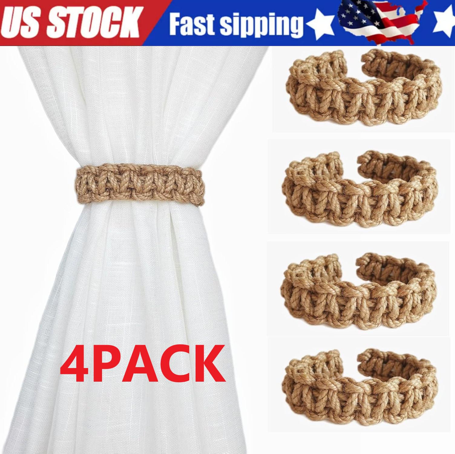 4X Twist Curtain Buckles Jute Braided Curtain Tie Rope Tieback Holder Clips US