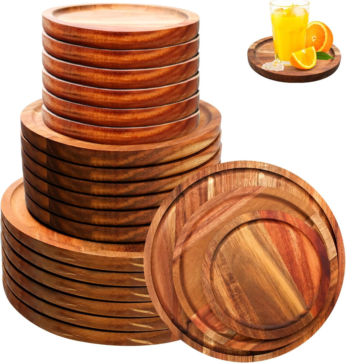 18-Piece Acacia Wood Dinner Plate Set – Classic Lightweight Serving Trays