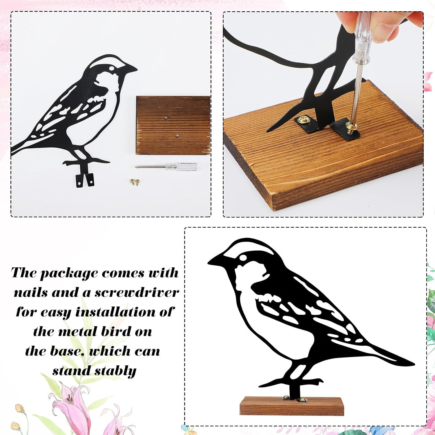 2Pcs Metal Bird Figurines Rustic Tabletop Decor with Wooden Base 5.91in