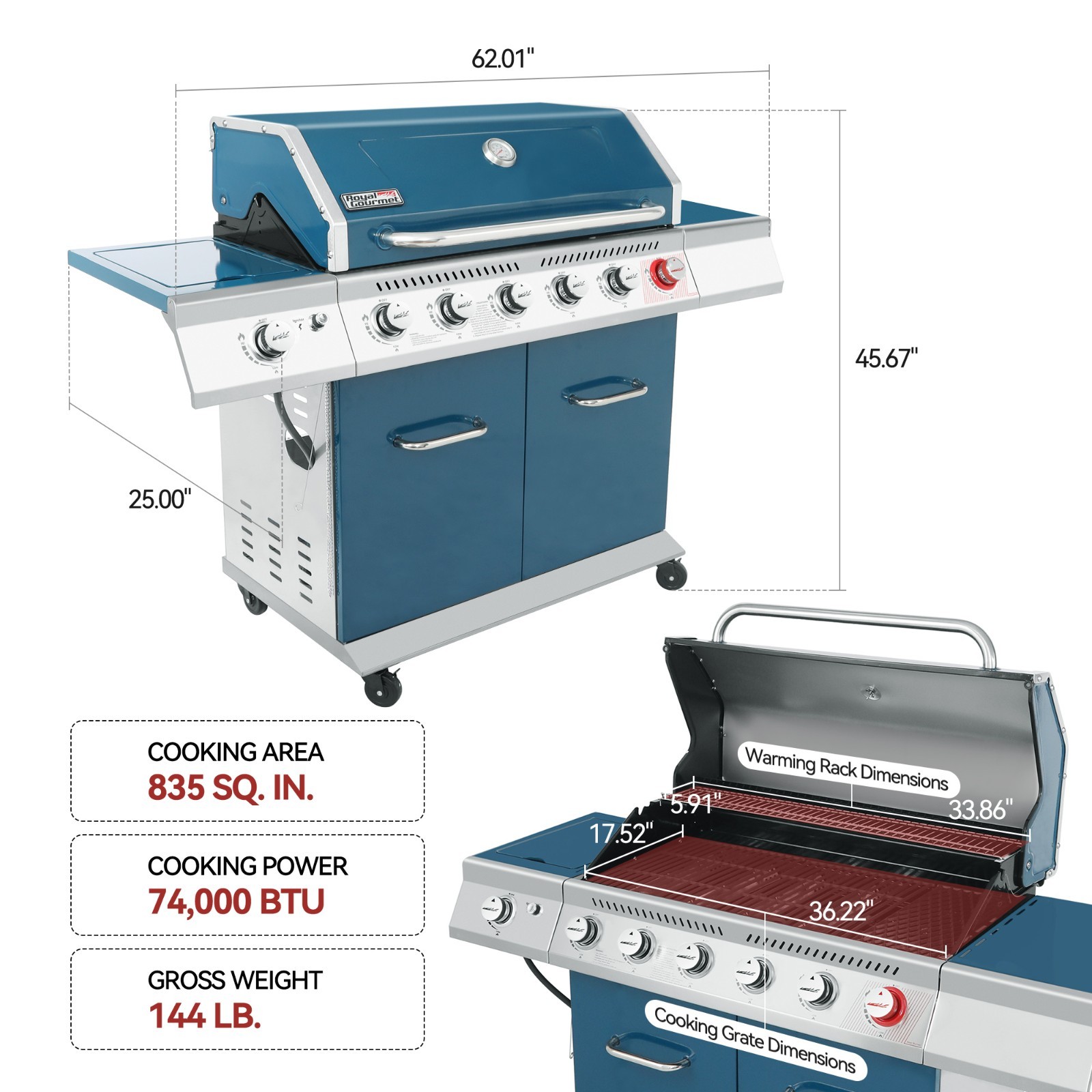 Royal Gourmet GA6402B 6-Burner BBQ Liquid Propane Gas Grill, 74,000 BTU, Blue