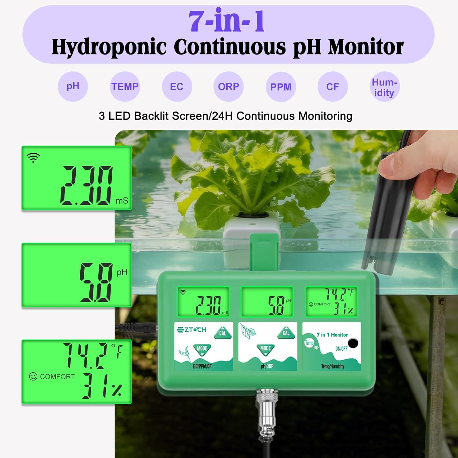 Ph Monitor Hydroponic Continuous 7 in 1 EC Ph TDS CF ORP Monitor, Wifi Continuou
