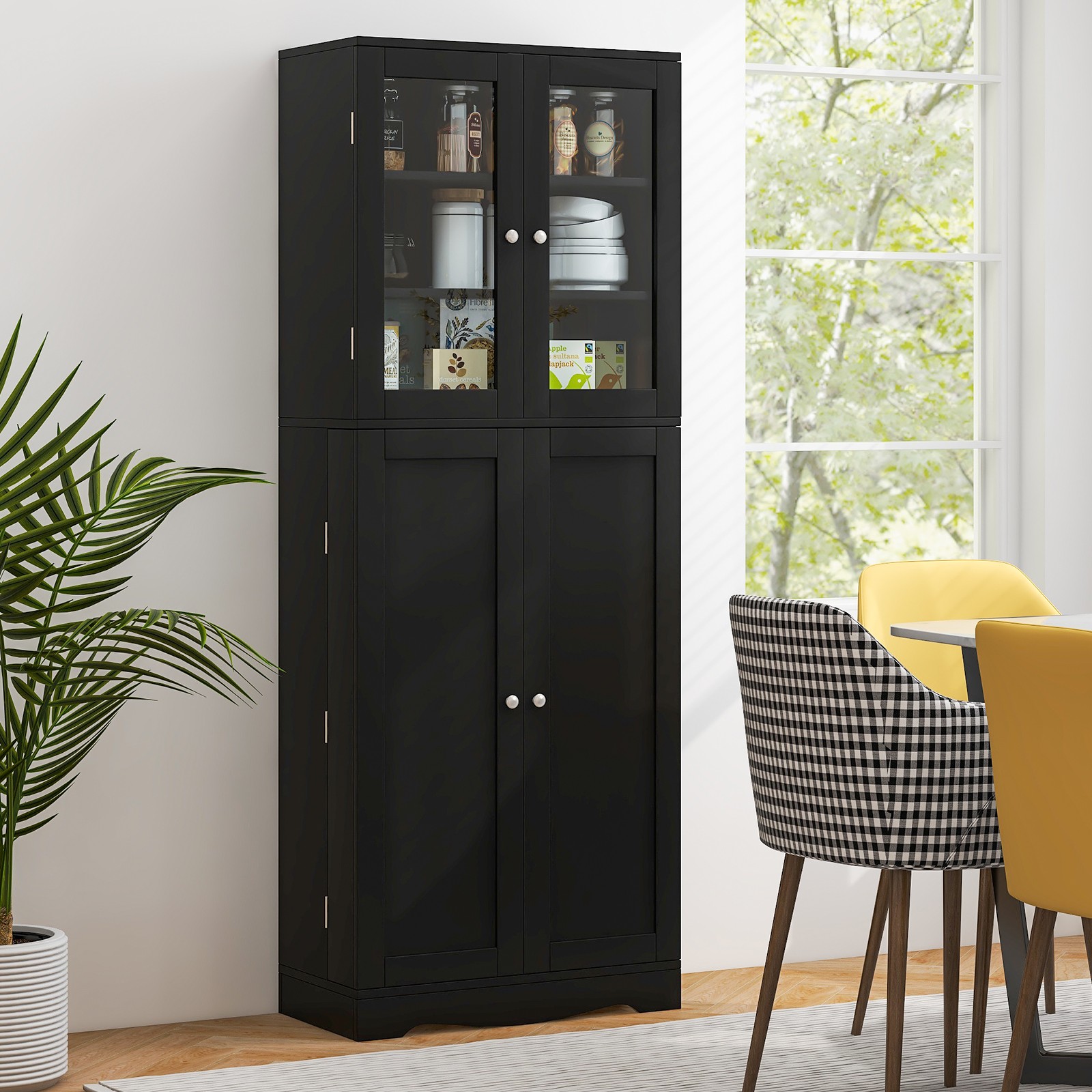 63.5″ Tall Kitchen Pantry Storage Cabinet w/ Glass Door Storage Shelves Black