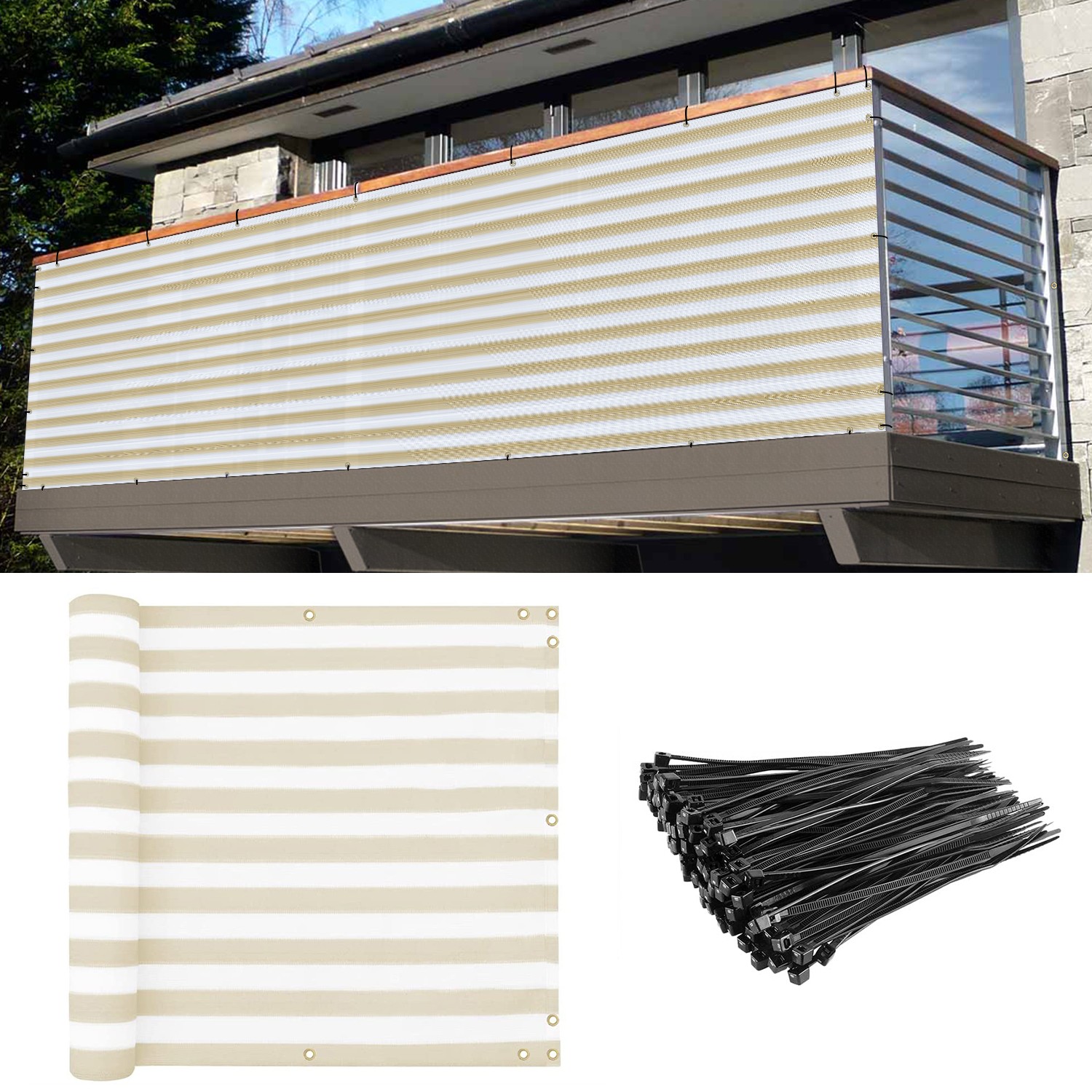 35in Balcony Fence Screen Privacy Deck Railing Shelter Shade Cover Beigestripe
