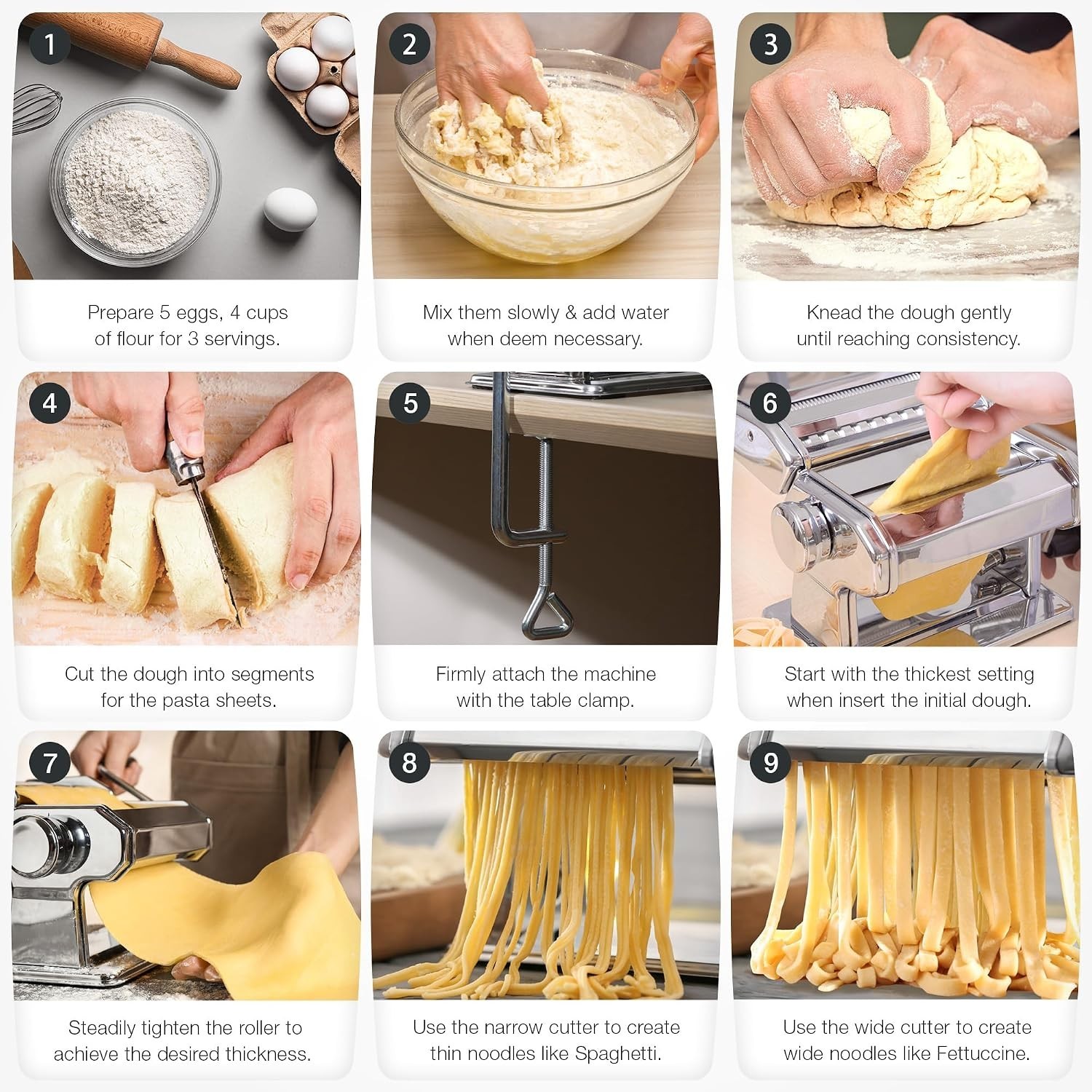 3-in-1 Pasta Maker, 9 Thickness Settings, Dough Rollers & 2 Size Cutters | St…