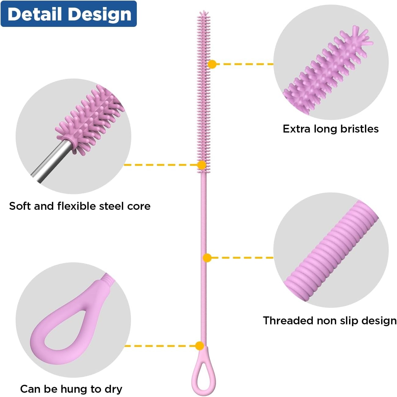 Silicone Straw Cleaner Brush, Reusable, Extra Long for Cleaning Tumbler, Handle