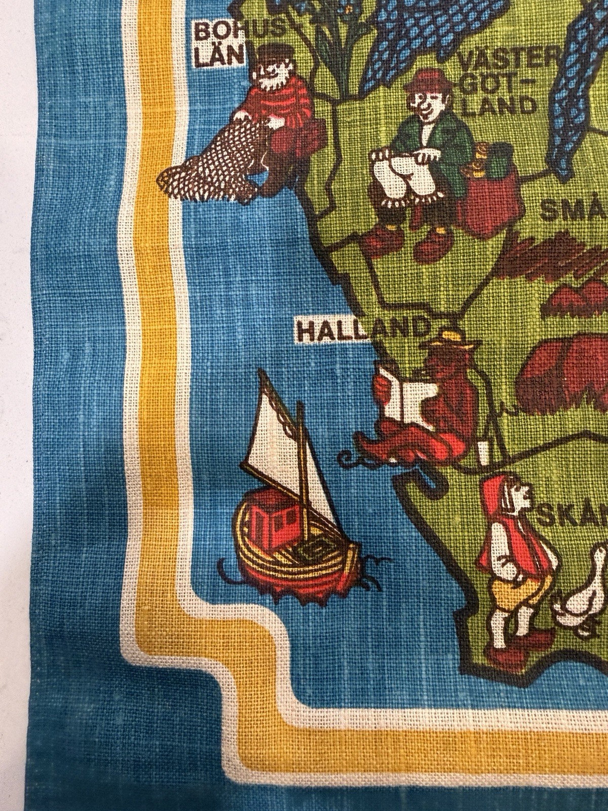 Vintage 1970s Kalle Berglund Sweden Illustrated Fabric Map Wall Hanging Tapestry