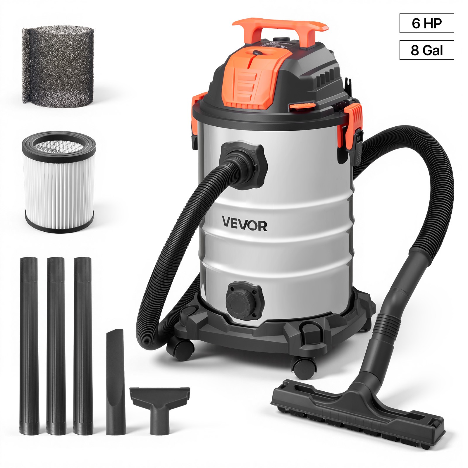VEVOR 8 Gal Wet Dry Shop Vacuum 6HP Self-Cleaning 900W Metal Tank for Jobsite