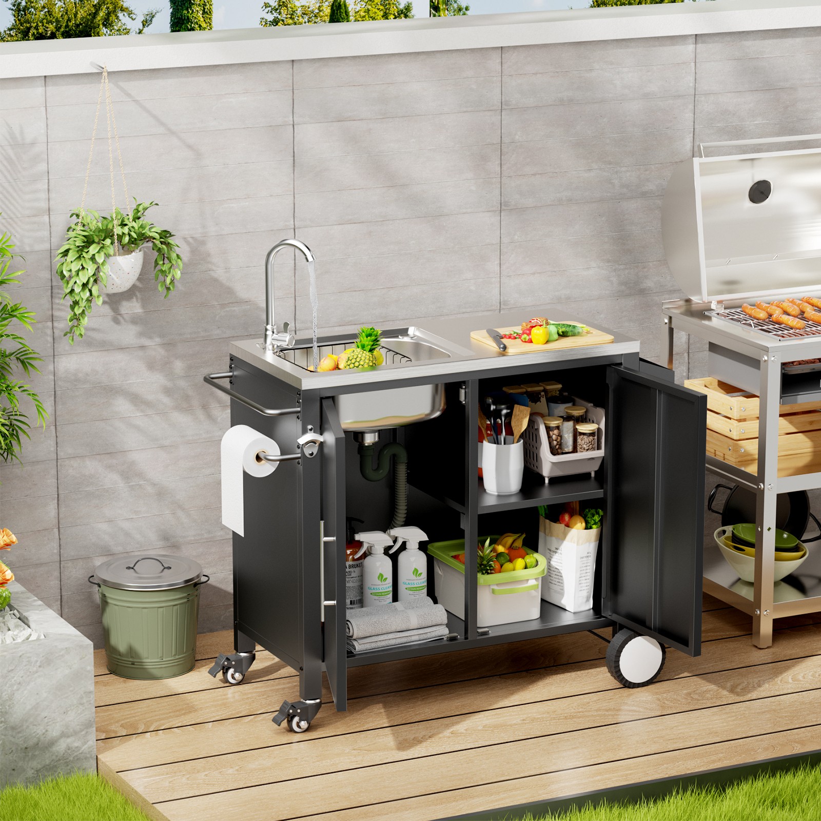 Outdoor Grill Cart Sink Station 304 Stainless Steel Cabinet Wheels 38x18x35in