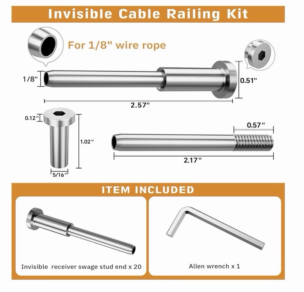 Invisible Cable Railing Kit – 20 Pack 1/8″ T316 Stainless Steel Invisible Receiv
