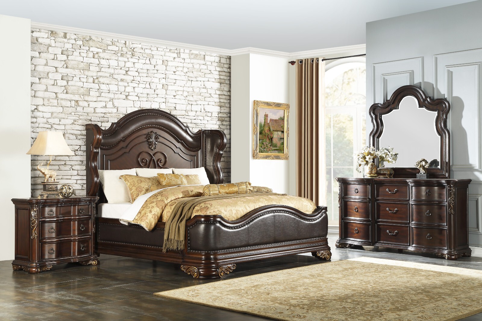 NEW 4PC Cherry Brown King Queen Grand Classic Bedroom Set Traditional B/D/M/N
