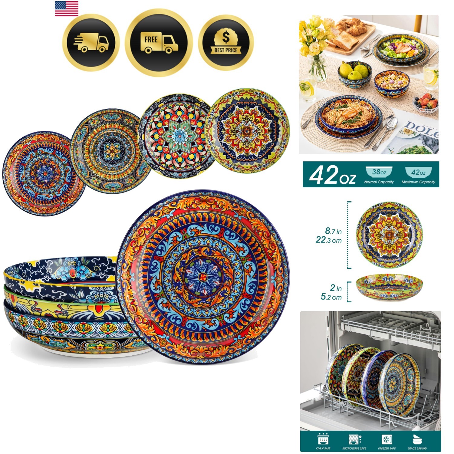 Pasta Bowls Set of 4, 42oz Ceramic Salad Serving Bowls, Bohemian | 8.7in Colo…