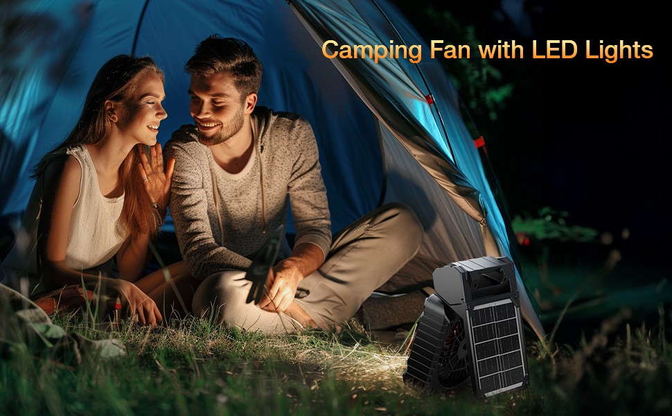 Solar Camping Fan Portable Powerful Quiet 4 Speed Levels with LED Light Timer