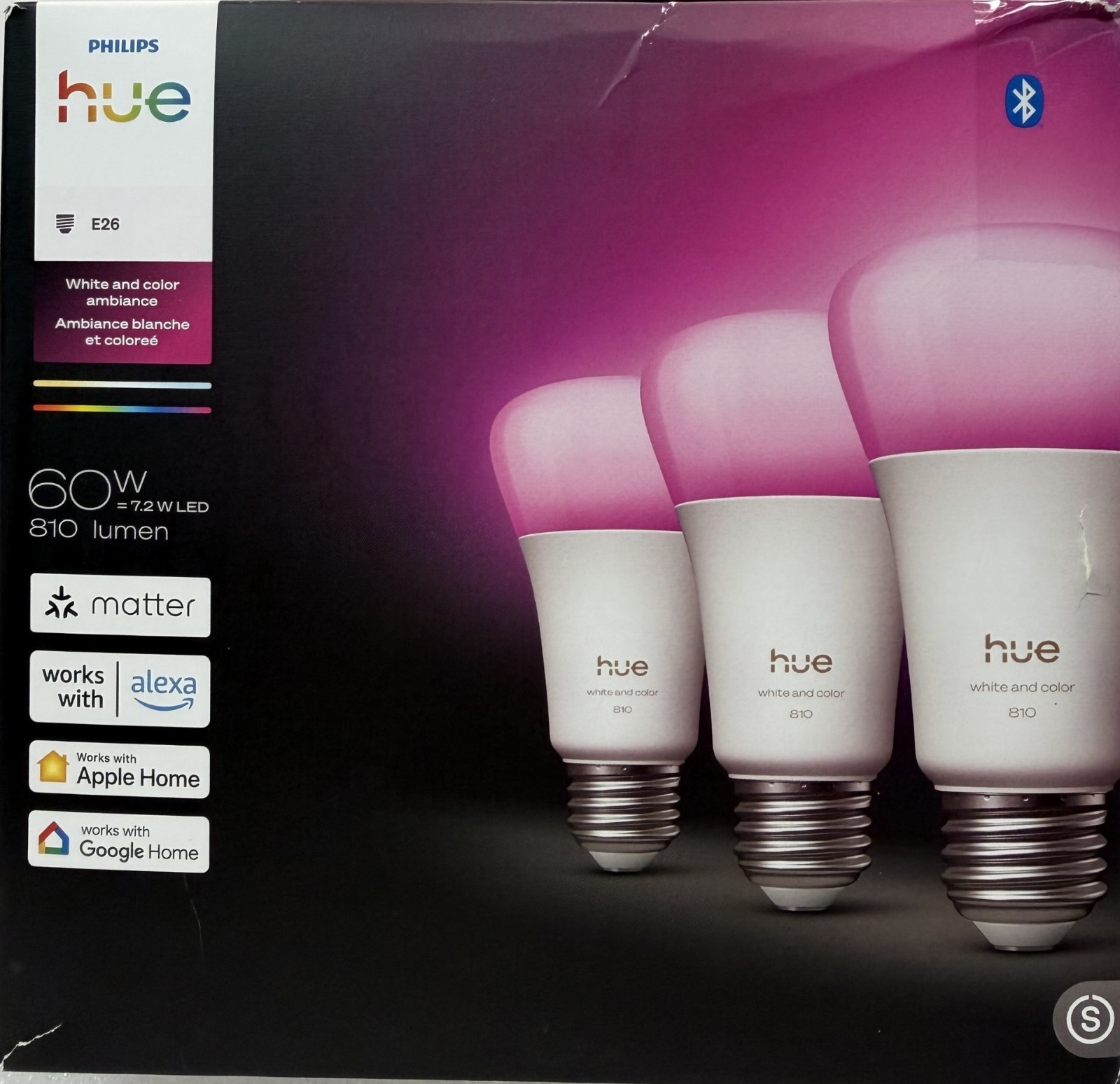 Philips Hue Smart LED A19 Bulb, 3 Pack, White & Color Ambiance, Dimmable, E26