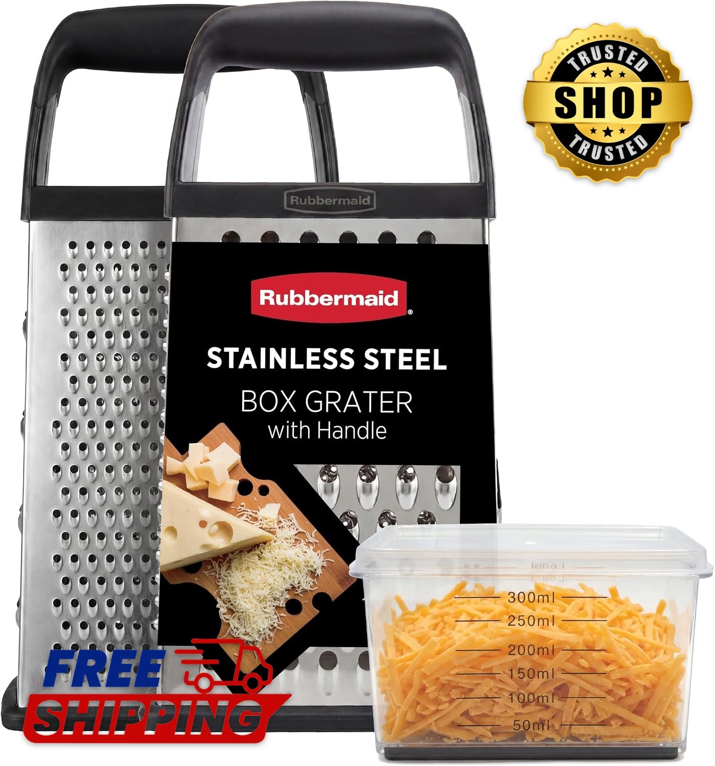 EZ Grip Box Grater, Stainless Steel Cheese Grater & Container – BPA Free