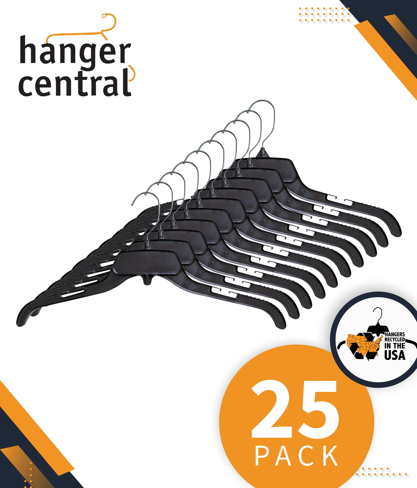 Black plastic hanger with polished metal swivel hook, 19 inches, 25 piece set