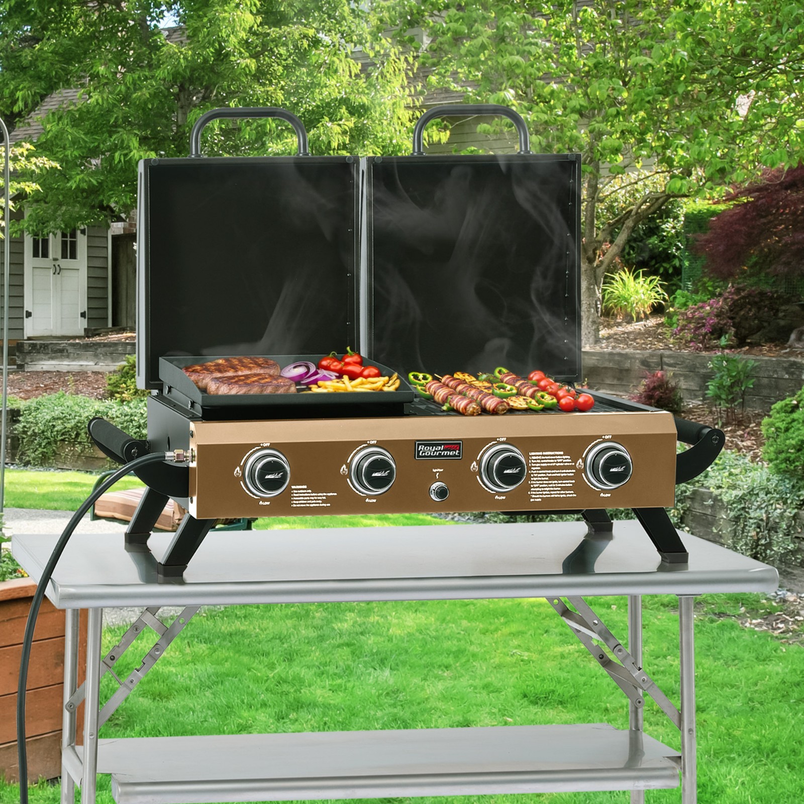 Royal Gourmet 4-Burner Portable Tabletop Grill & Griddle Combo with Hood