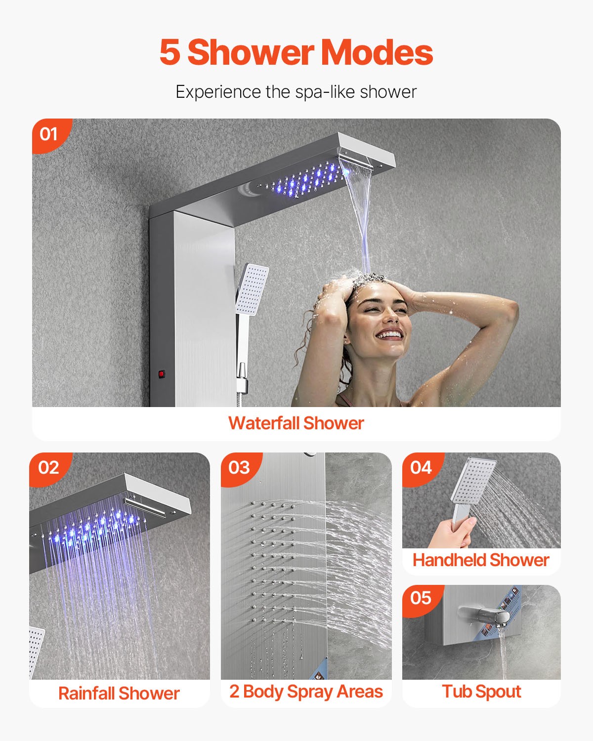 VEVOR Shower Panel Tower System Stainless Steel Column Rainfall Waterfall Head