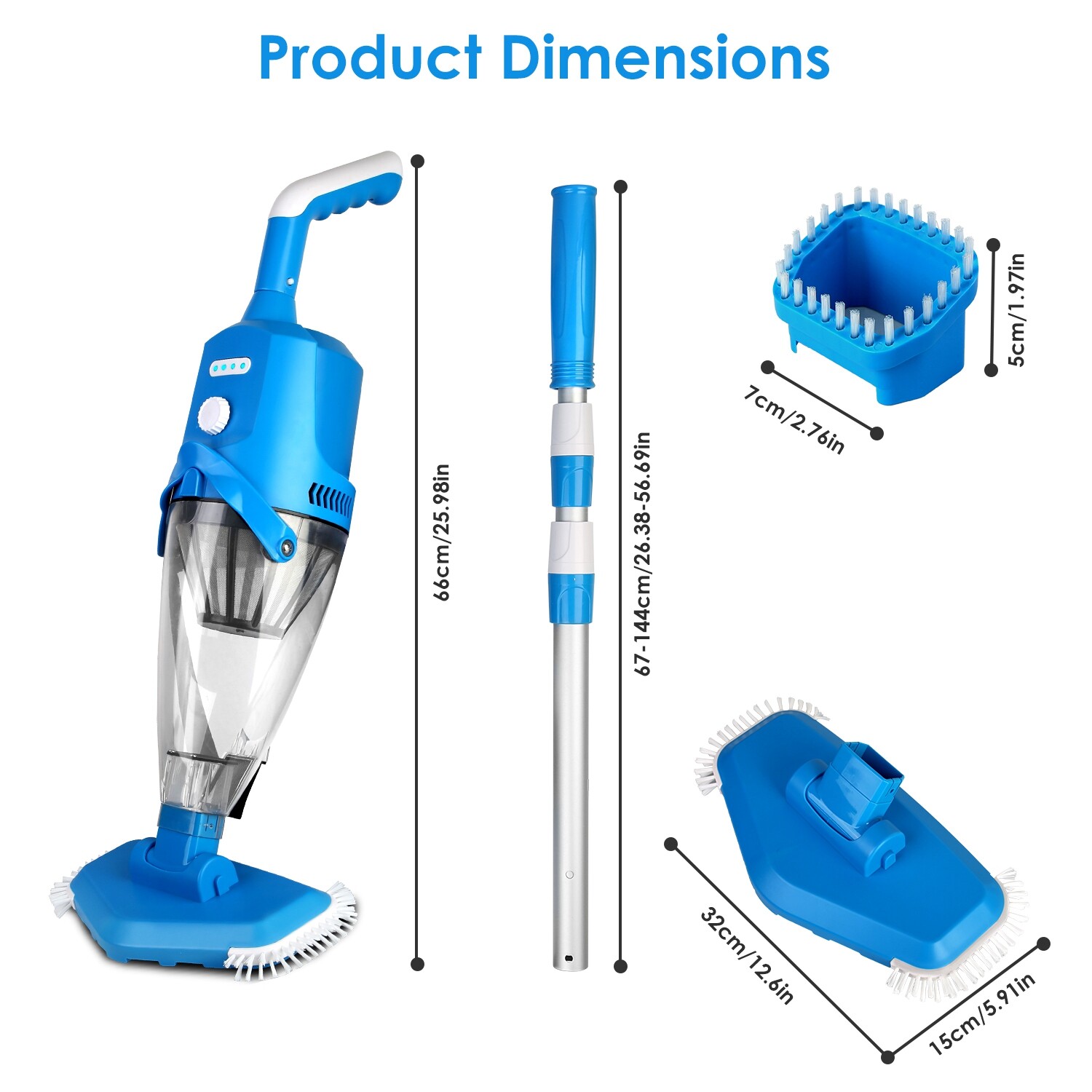 Cordless Pool Vacuum with Telescopic Pole Powerful Suction IPX8 Waterproof