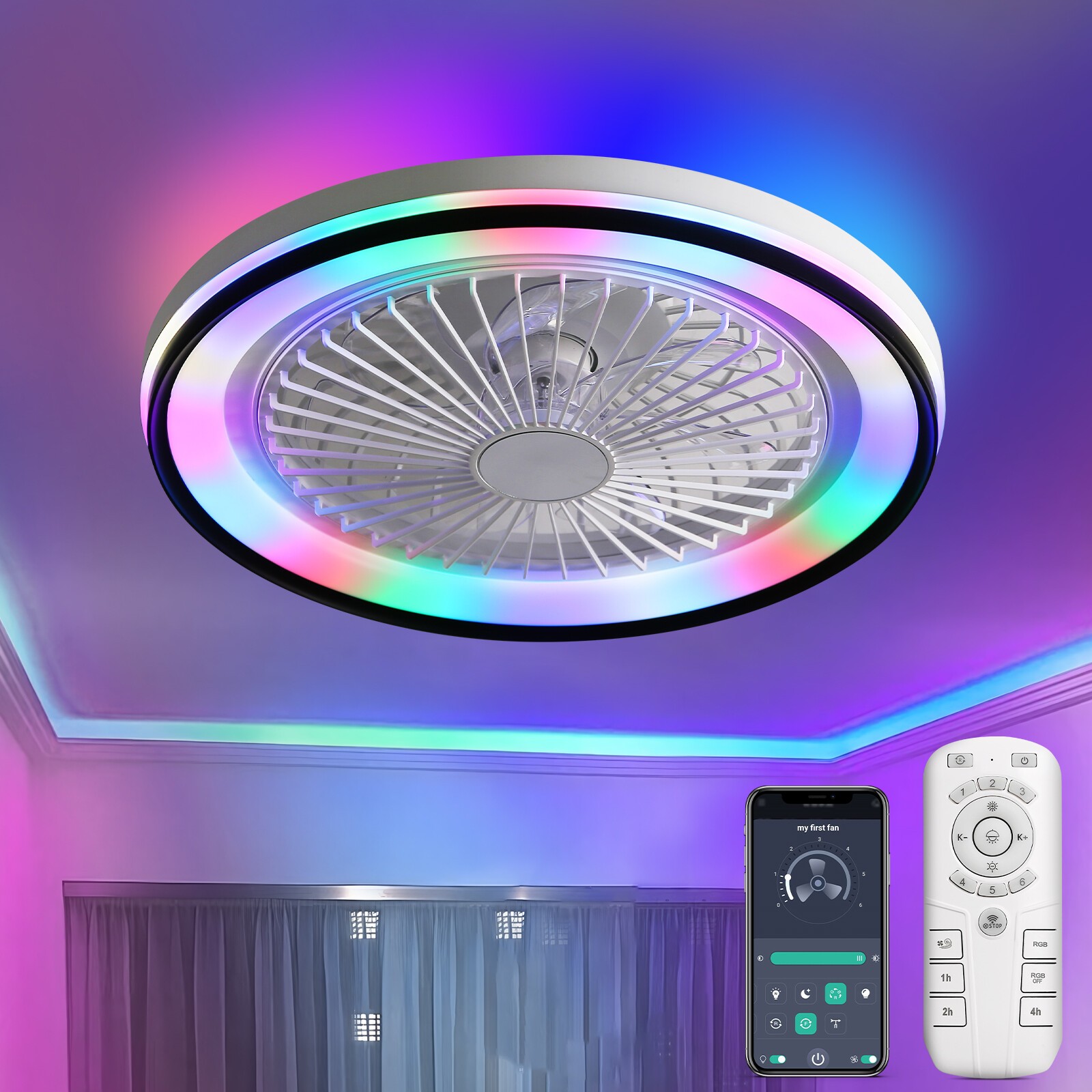 19in Flush Mount LED Ceiling Fan with RGB Light Remote & APP Control Fan Light