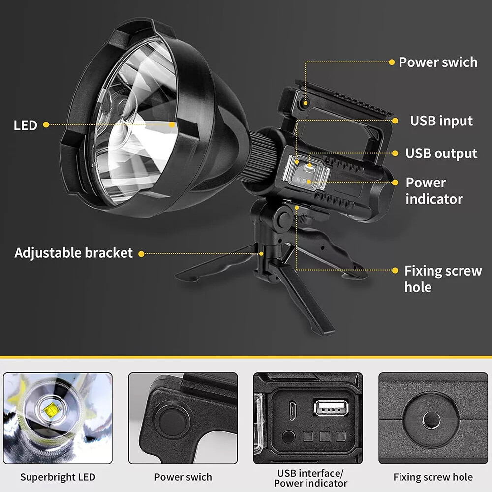 Super Bright LED Searchlight Portable Rechargeable Spotlight Handheld Flashlight