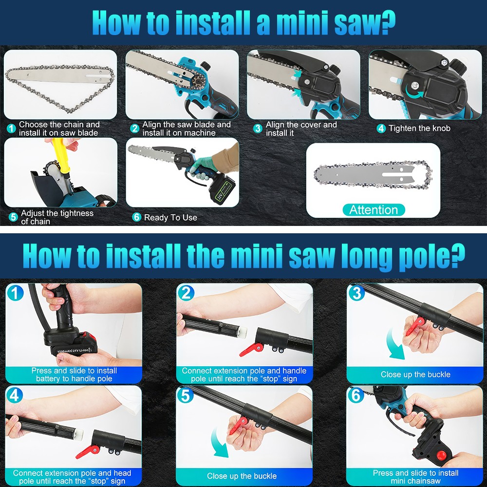 2-in-1 Electric Pole Saws Mini Chainsaw Cordless 6″ Chain Saw w/ Extension Pole