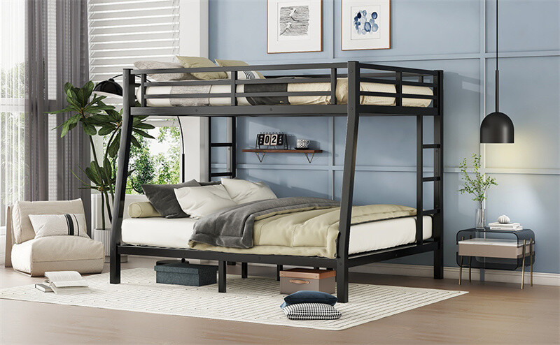 Metal Full XL over Queen Bunk Bed W/Ladder For Teens Adults Space-Saving Black