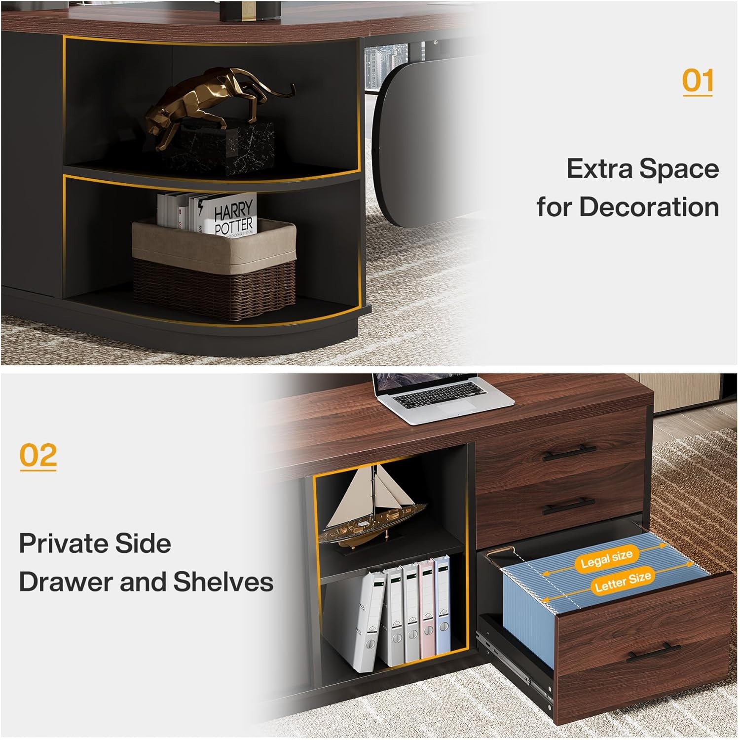 80.71” L-Shaped Executive Desk, Large Office Computer Desk with Drawers Cabinet
