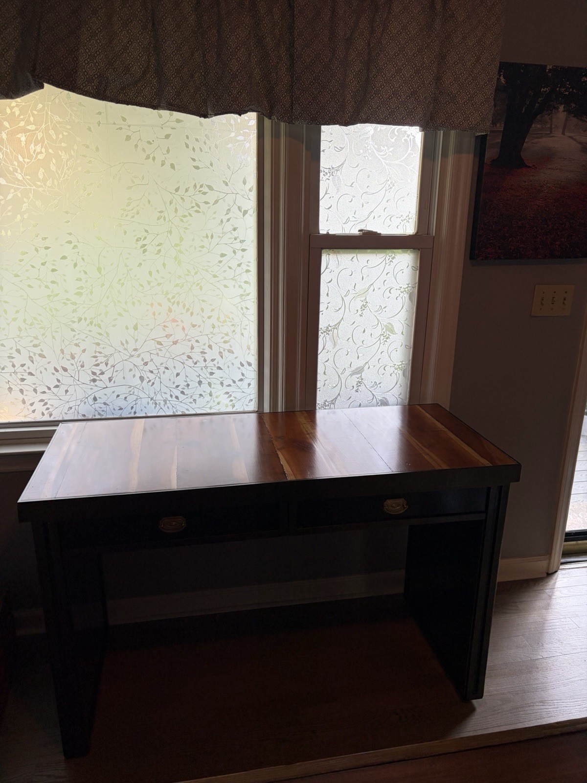 Computer Desk 52x20x35 in, 2 Drawers, Medium Wood Brown Top, Black Base