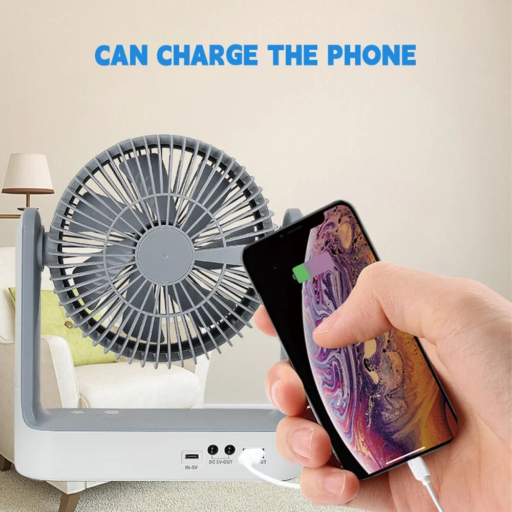 8 INCH Rechargeable Fan 30 dB With solar panel, Variable Speed and 2 Free bulbs