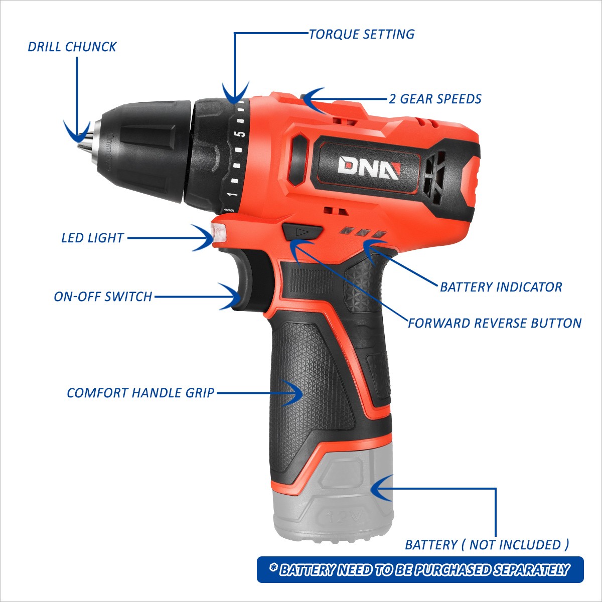 DNA Motoring 12V Electric Drill Cordless Electric Screwdriver Drill+Keyless Red