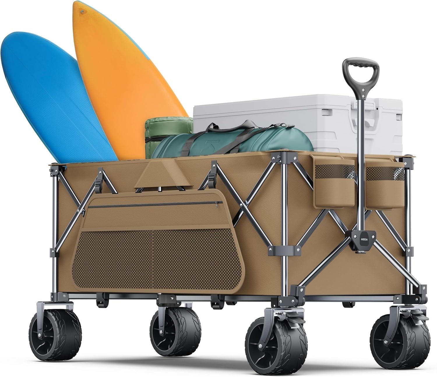 Heavy Duty Collapsible Folding Wagon Beach Wagon Cart Utility Grocery Cart-Brown