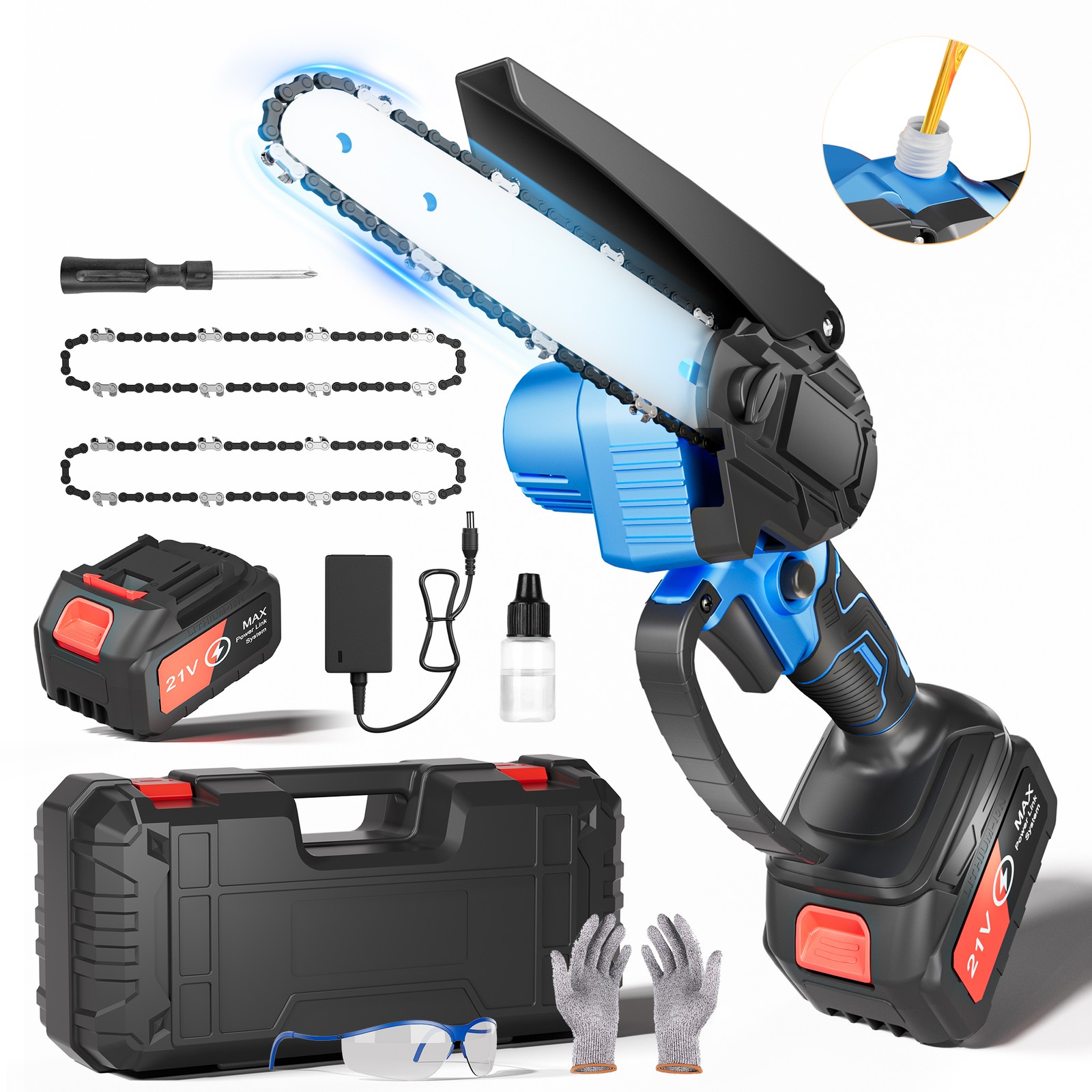 6 Inch 21V Cordless Mini Chainsaw, Handheld Electric Chain Saw for Wood Cutting