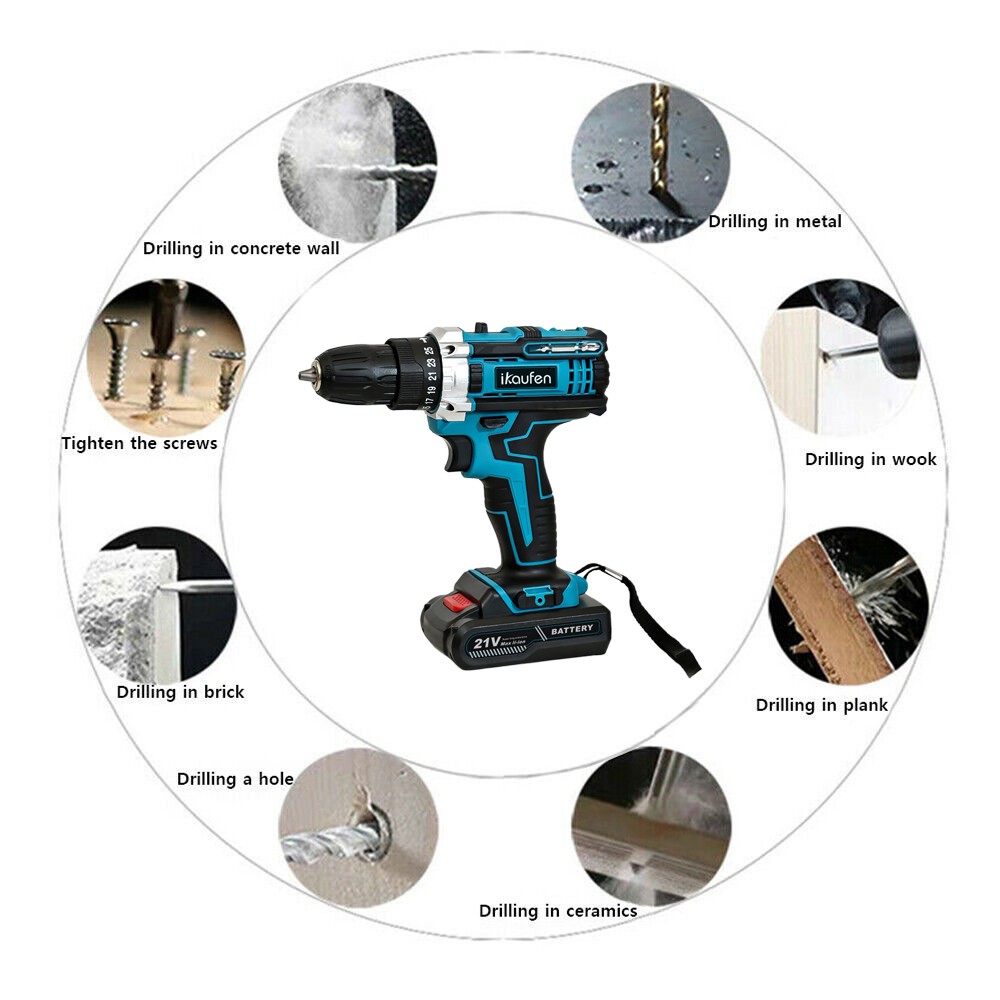 Blue Electric Drill Cordless Screwdriver Set Power Tool with 2 Battery&ChargerB2