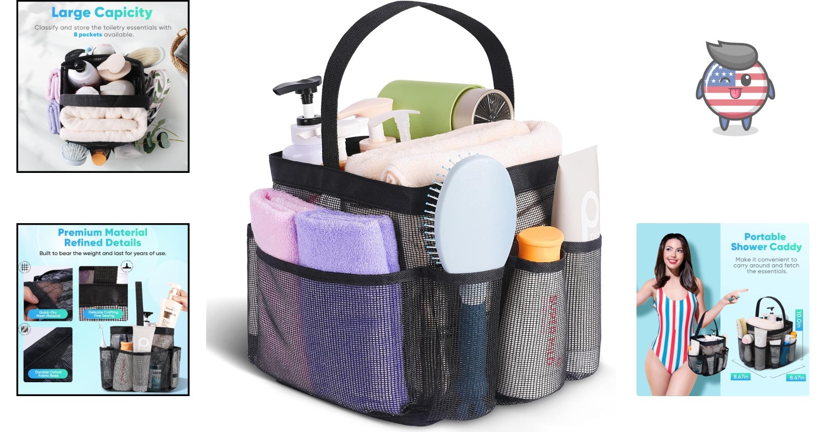 All Black Portable Shower Caddy – Large Capacity for Travel & Outdoor Adventure
