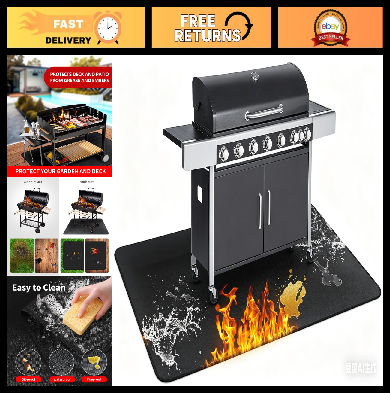 Large 65×48 Grill Mat – Fireproof, Waterproof BBQ Pad for Deck & Patio Use