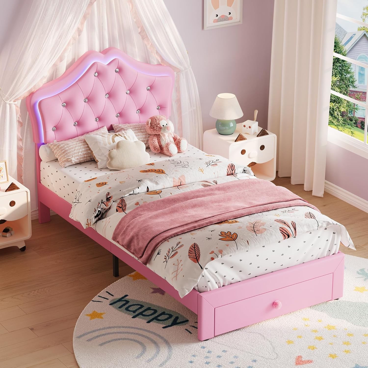 Twin Size Upholstered Bed Frame w/ Storage Drawer & LED Headboard for Kids/Girls
