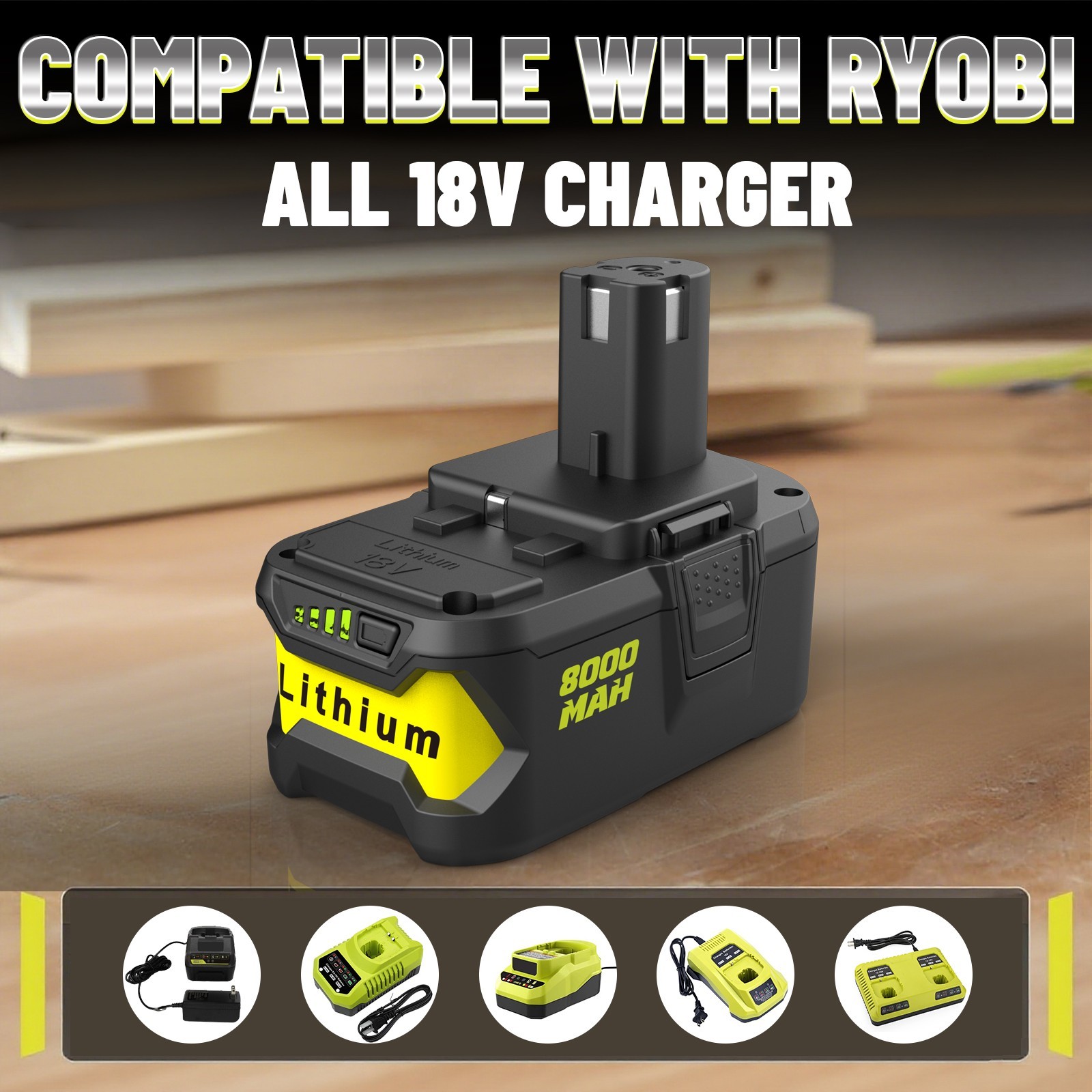 2 Pack 18V 8.0Ah Lithium Ion Battery for Ryobi 18V One P108 P107 P109 P102 P103