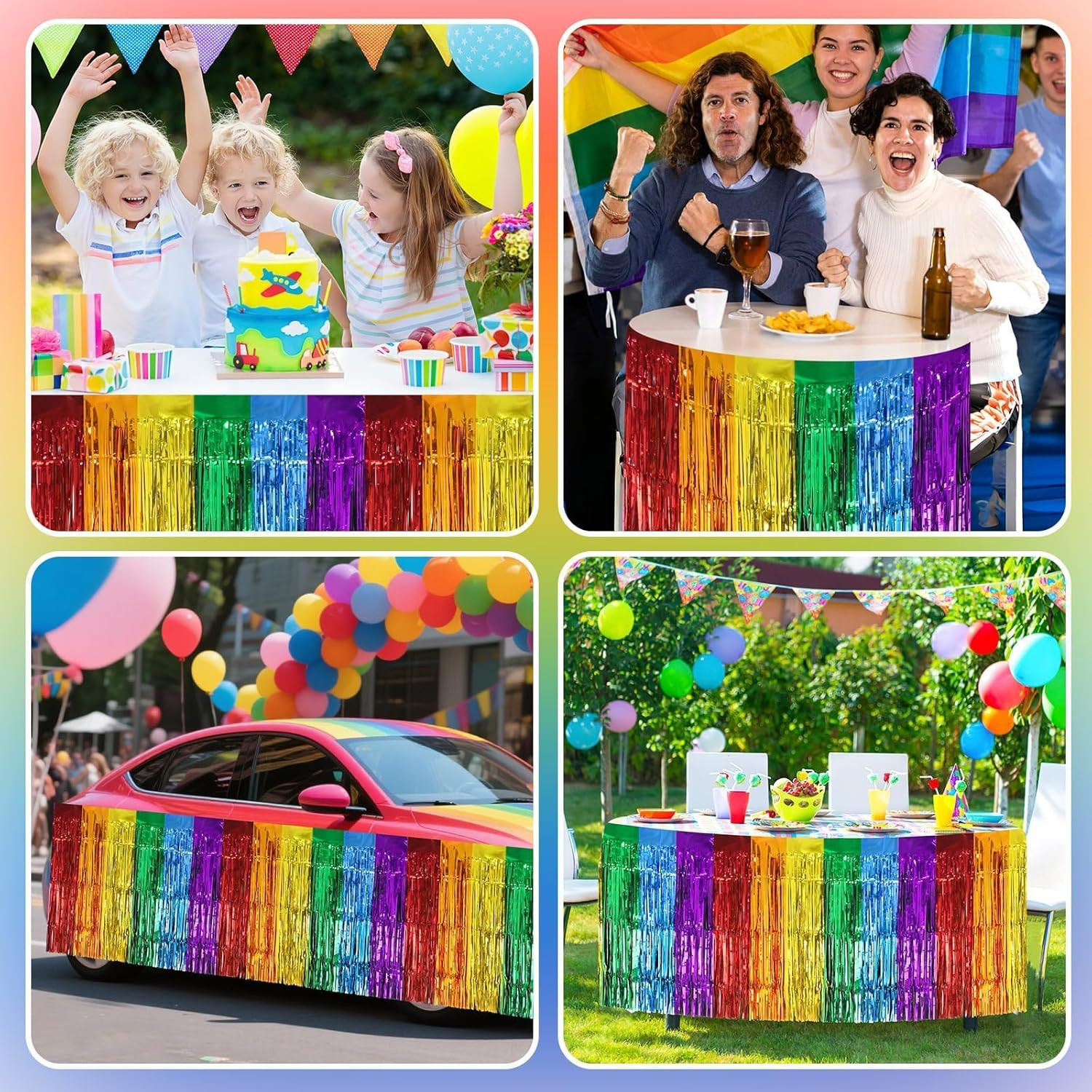 4 Pack Pride Rainbow Table Skirts, 30X108 Inch Metallic Foil Fringe Table Skirts