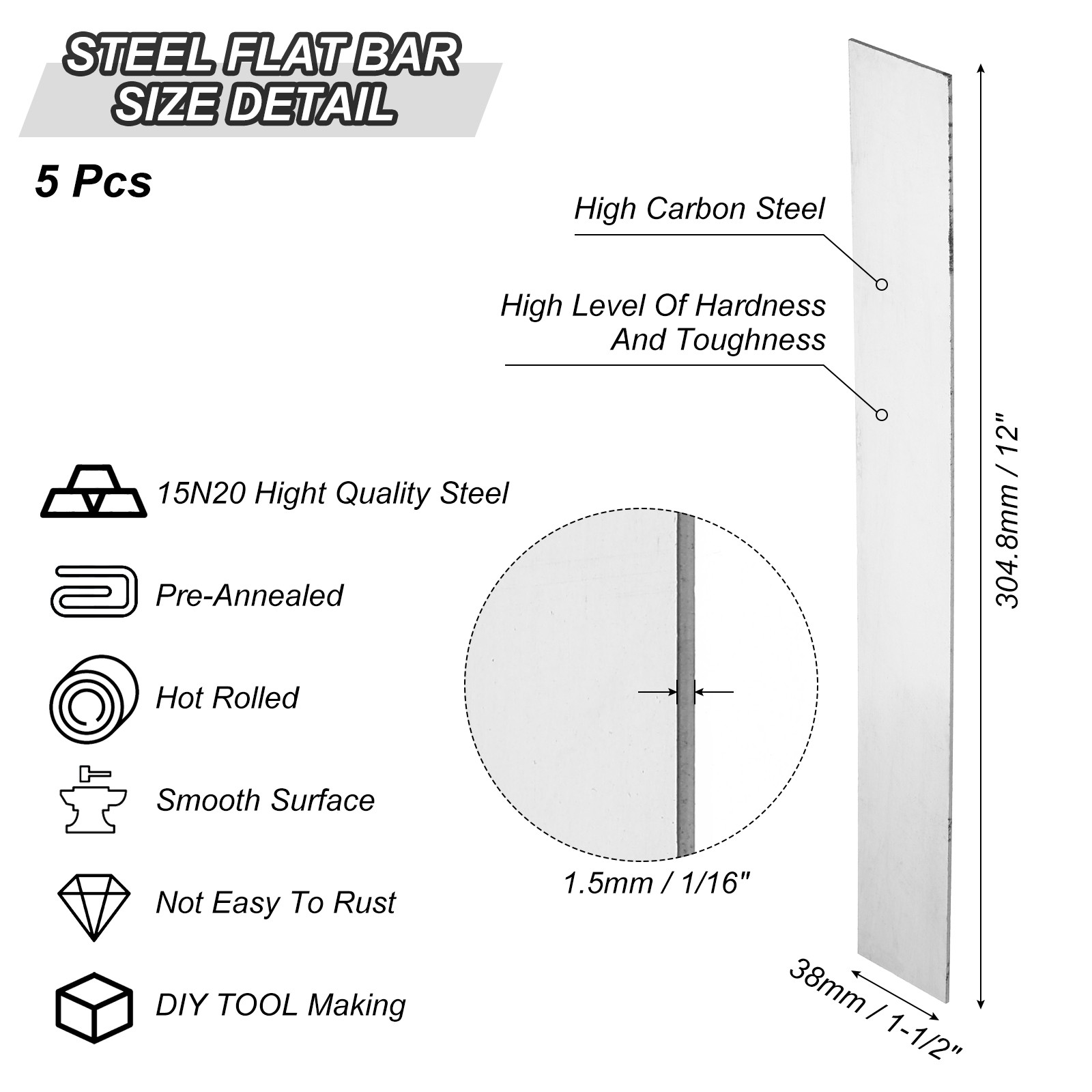 5 Pack 15N20 Steel for Knife Making Steel 12″ x 1 1/2″ x 1/16″ Steel