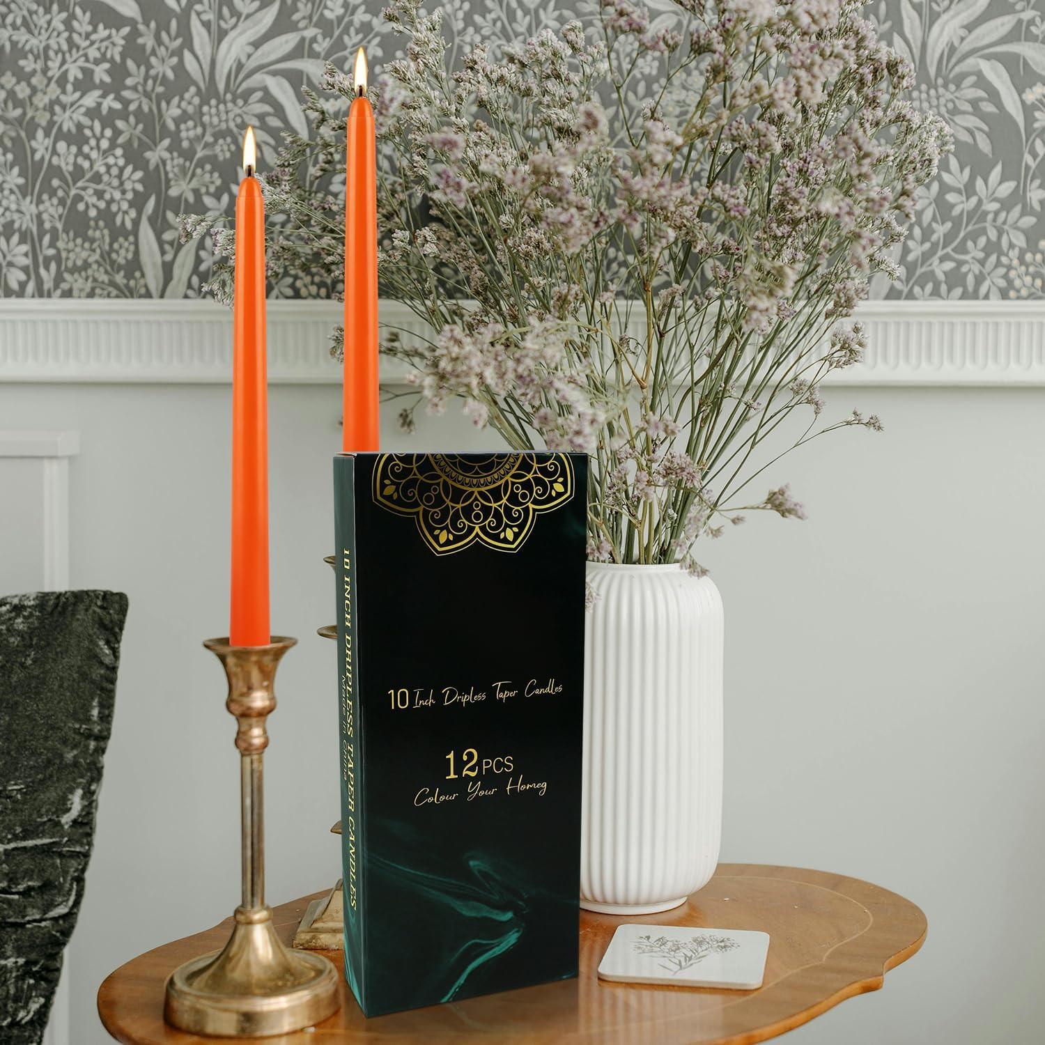 10 Inch Orange Slender Taper Candles Set – 12 Pcs Dripless, Smokeless with Cotto