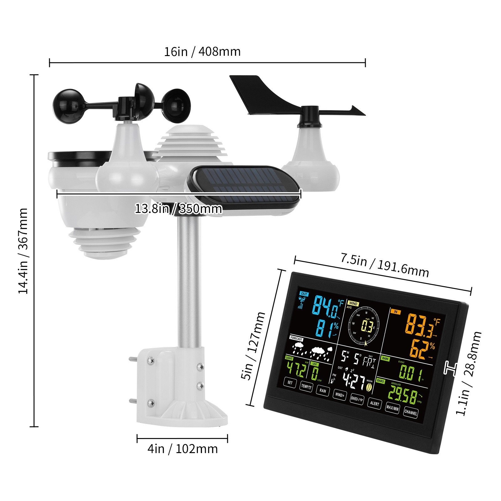 VEVOR 7-in-1 Wireless Weather Station 7.5 in Large Display for Indoor Outdoor
