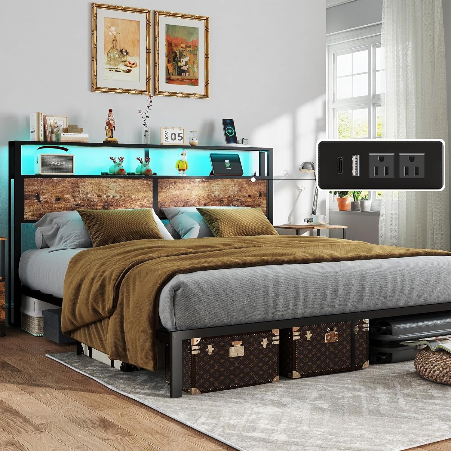 Queen Full Size Bed Frame with Storage Headboard &Charging Station＆ LED Lights